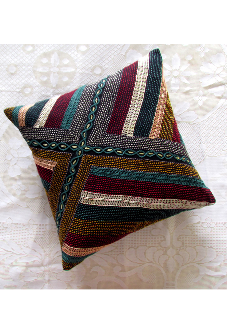 Black Stripes Hand Embroidered Cushion Covers Pair